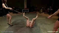 تشغيل الأميرة دونا الشقراء مفلس محبوسة في قفص وتتلمسها مجموعة من الرجال المهيمنين في مشهد إذلال عام فاضح